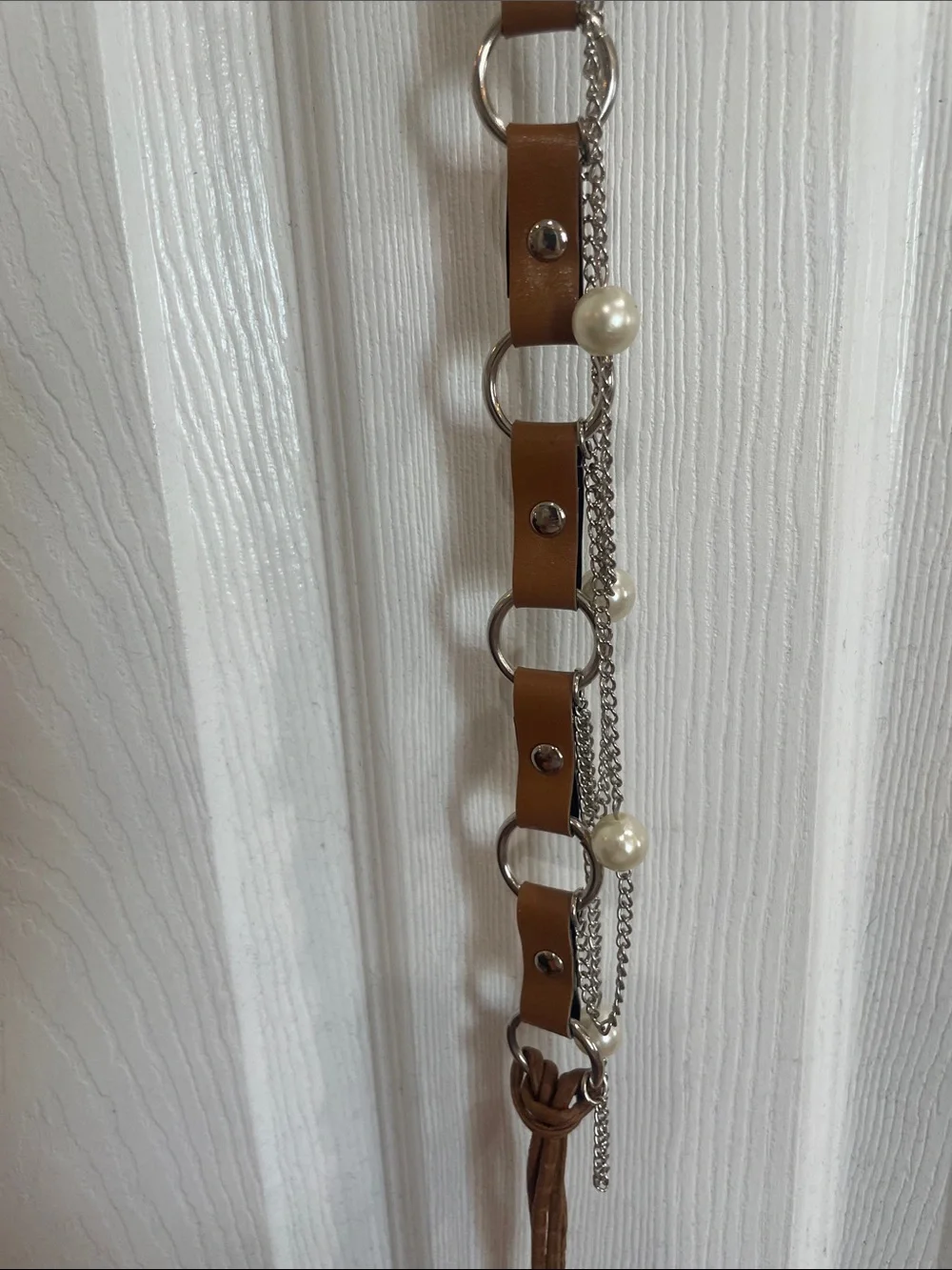 Brown Leather Link Waist Belt Pearl Chain women’s adjustable Bohemian One Size